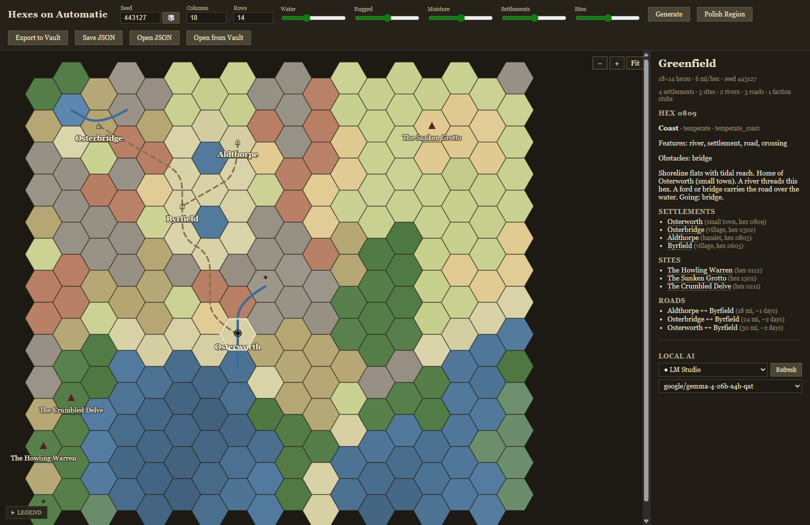 Hexes on Automatic showing the generation toolbar, a colored hex map with rivers, roads and labeled settlements, and the region gazetteer panel.
